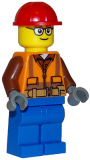 LEGO cty1162 Construction Worker - Orange Zipper, Safety Stripes and Belt over Brown Shirt, Blue Legs, Red Construction Helmet, Glasses